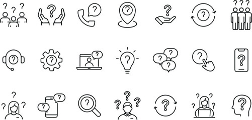 support line icons, customer service doodle, help desk outline pack, question mark icons, headset line symbols, UX support vector, minimal outline QnA, FAQ symbols line, assistance doodle kit, online 