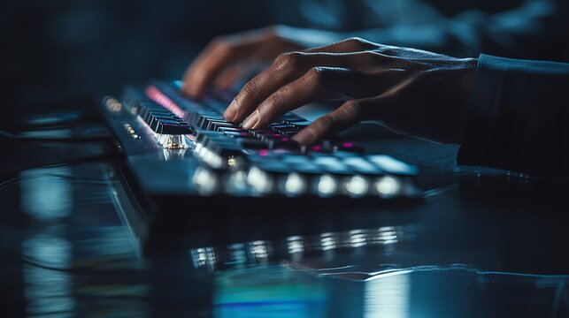 Close up of hands typing on a backlit keyboard.
