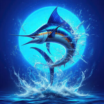 Vibrant Atlantic blue marlin leaping with water splash on dark sea and neon moon glow. Ideal for sport fishing tees, souvenirs, showcasing marine adventure and angling passion
