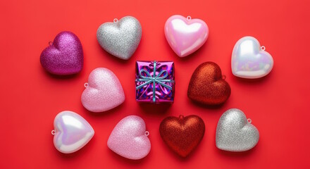 Obraz premium Colorful heart-shaped ornaments in various textures surround a shiny gift box on a vibrant red background, creating a festive and cheerful holiday mockup concept