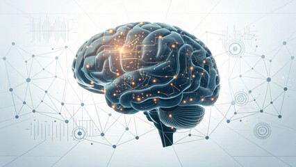 Detailed 3d human brain model with neural network connections glowing