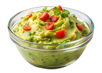 Fresh Guacamole in Glass Bowl with Cherry Tomatoes and Parsley avocado spread isolated on a transparent background