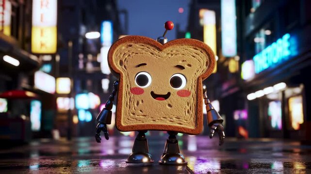Animated slice of bread robot in a city at night