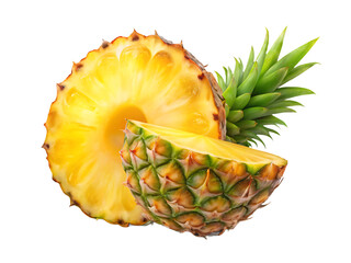 Fresh Pineapple Halved with a Wedge and Green Top fruit tropical isolated on a transparent background