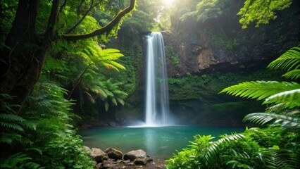 Lush tropical waterfall serene nature scene lush greenery sunlight filtering through trees