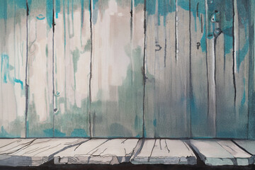 Hand painted felt tip pen illustration shows weathered wooden shelf in gray with patina. Decorative background for illustrated objects. Copy space.