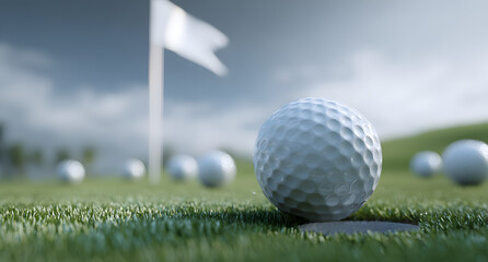 3D Render of White Golf Ball Near Hole on Green Grass with Flag and Balls in Background