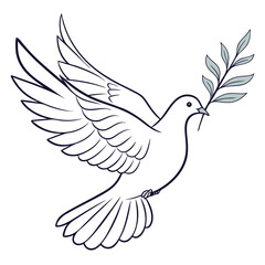 Obraz premium A white dove in flight, holding an olive branch, symbolizing peace and hope.