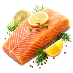 Fresh Salmon Fillet with Lemon Slices Rosemary and Peppercorns fish seafood isolated on a transparent background