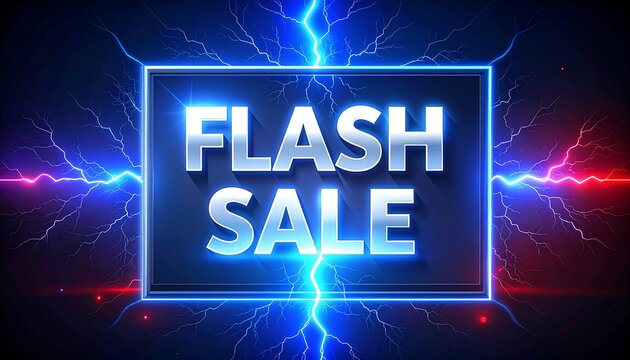 A vibrant, digital composition featuring electric blue and red lightning effects radiating from a central, glowing, rectangular frame with "FLASH SALE" text - Powered by Adobe