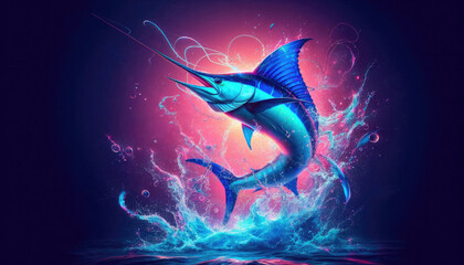 Bold marlin leaping through glowing pink neon waves on dark sea background. Ideal for apparel, posters, souvenirs, embodying fishing sport, ocean adventure
