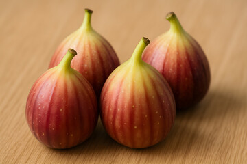 Obraz premium Fresh ripe figs on wooden table, organic sweet fruit close up, natural healthy food photography with vibrant colors, vegetarian diet concept, juicy seasonal tropical produce rich in nutrients and fibe