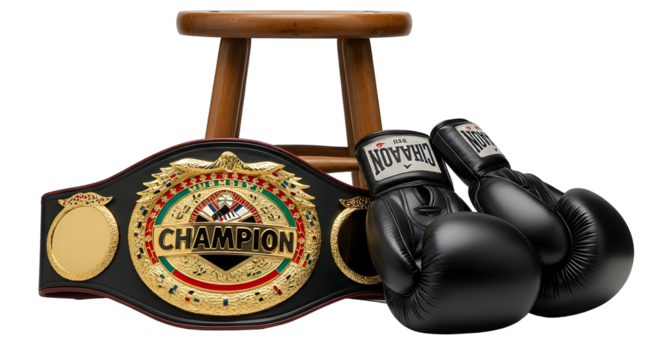 Boxing champion belt and gloves resting near a wooden stool in a dark setting symbolizing victory and hard work for athletic achievement on transparent background