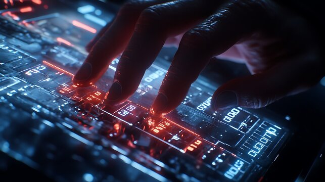 Hand interacting with futuristic technology interface.