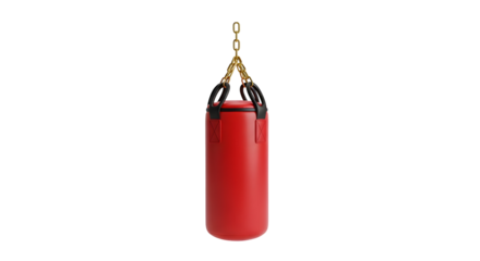 Red punching bag hanging from a gold chain against a ready for boxing training and fitness workouts in a gym or home studio setting on transparent background