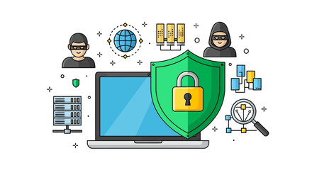 Illustration of cybersecurity concepts including a laptop, shield with a padlock, servers, hackers, and network diagrams.