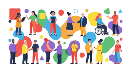 Diverse group of people interacting, shaking hands, and communicating in a colorful, abstract setting.