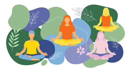 Diverse group of people meditating peacefully in a serene, abstract natural setting with organic shapes and foliage.