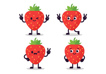Four cute cartoon strawberry characters showing various emotions and making peace signs.