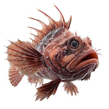 Png of a red sculpin fish with spiky fins, isolated on transparent background, showcasing the vibrant colors and unique adaptations of marine life