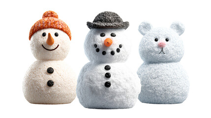 Winter Snowman Trio Featuring Cartoon, Realistic, and Minimalist Designs isolated on transparent background