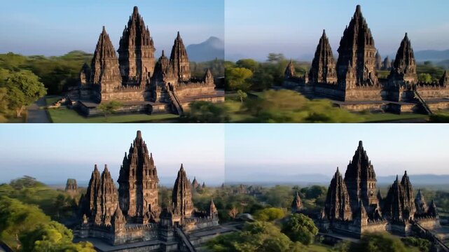 Ancient stone temples of Prambanan complex, nestled amidst lush tropical greenery, showcasing a stunning aerial view.