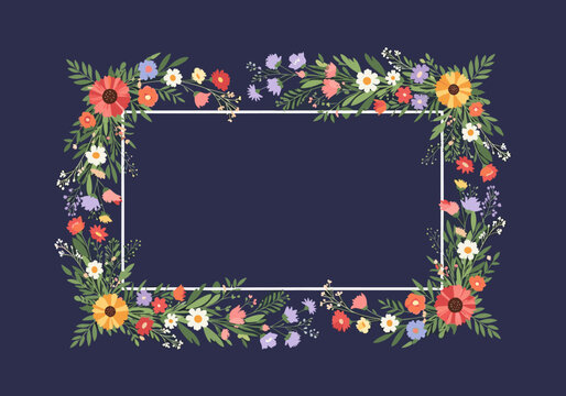 A delicate rectangular floral frame composed of wildflowers and greenery on a dark blue background.