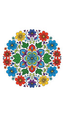 A vibrant, colorful mandala design featuring a symmetrical arrangement of flowers and leaves in various bright hues.