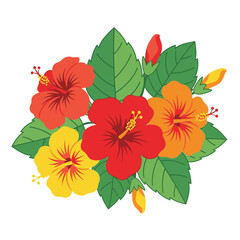 A vibrant illustration showcasing a cluster of colorful hibiscus flowers with lush green leaves and buds.
