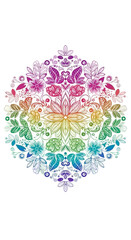 Colorful symmetrical floral mandala design with various flower and leaf patterns.
