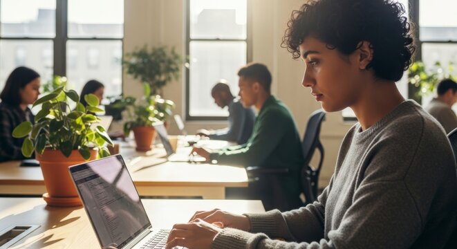 A diverse group of professionals working diligently on their laptops in a bright, modern open-plan office space.
