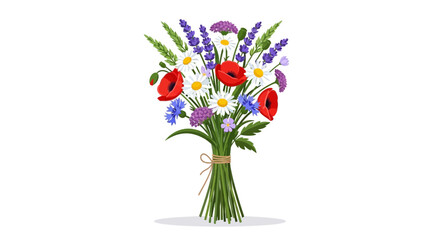 A vibrant bouquet of wildflowers, featuring red poppies, daisies, and lavender, tied with twine.