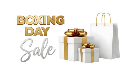 Boxing day sale promotion with gifts and shopping bag against a offering holiday savings and deals for shoppers this season on transparent background