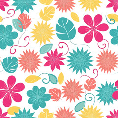 Colorful floral pattern with tropical leaves and flowers.