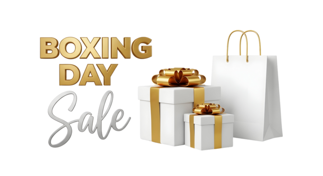 Boxing day sale promotion with gifts and shopping bag against a offering holiday savings and deals for shoppers this season on transparent background