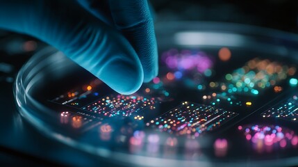 Close up of gloved hand examining a glowing microchip.