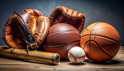 Sports gear set with baseball glove, bat, ball, boxing glove, football, and basketball on wood—textured arrangement evokes athletic diversity, tradition, and kinetic potential in minimalist compositio