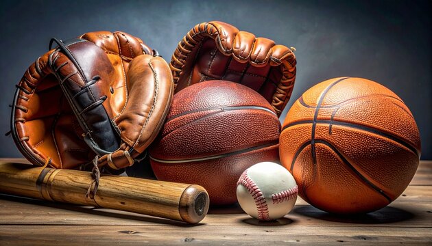 Sports gear set with baseball glove, bat, ball, boxing glove, football, and basketball on wood—textured arrangement evokes athletic diversity, tradition, and kinetic potential in minimalist compositio - Powered by Adobe