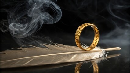 Mysterious golden ring rests on feather amidst wisps of smoke evocative fantasy scene
