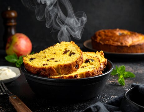 Freshly baked apple raisin cake slices steaming in a bowl