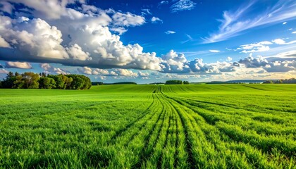 Naklejka premium Lush green fields under bright blue sky with fluffy clouds—tire tracks and distant treeline evoke openness, tranquility, and cultivated harmony in minimalist pastoral landscape composition.