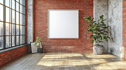 Bright Room with Textured Brick Wall and White Frame Mockup for Art Display