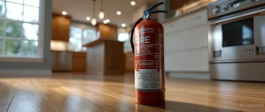 A fire extinguisher stands ready in a stylish kitchen, highlighting the importance of safety and preparedness at home