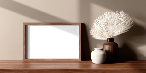 Neutral Beige Wall with White Frame, Decorative Vases, and Dried Plant Arrangement