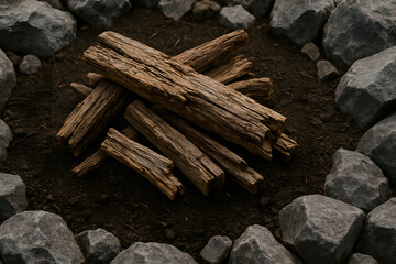 Campfire wood logs arranged in stone circle, bonfire preparation setup on dark soil ground, outdoor camping concept close up, natural firewood stack for adventure, wilderness survival and night warmth