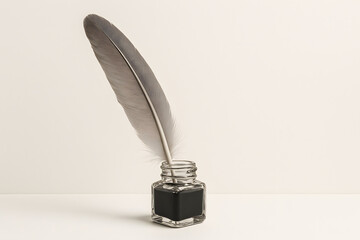 Feather quill pen dipped in black ink bottle, vintage writing instrument on beige background, classic calligraphy concept close up, literary art and creative expression symbol, education history theme