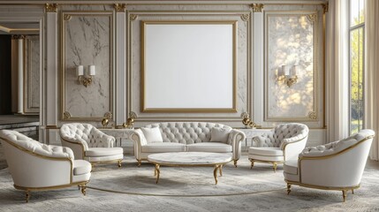 Elegant Office Interior with White Furniture and Marble Accents in Bright Mockup