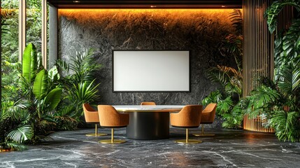 Modern Office Interior with White Frame Mockup and Green Tropical Plants