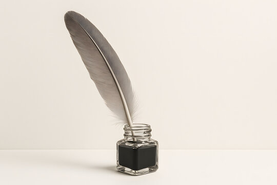 Feather quill pen dipped in black ink bottle, vintage writing instrument on beige background, classic calligraphy concept close up, literary art and creative expression symbol, education history theme - Powered by Adobe
