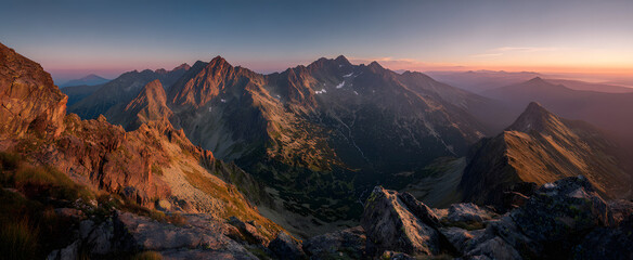 sunset in the mountains Summer Morning Panorama of the Tatra Mountain Range